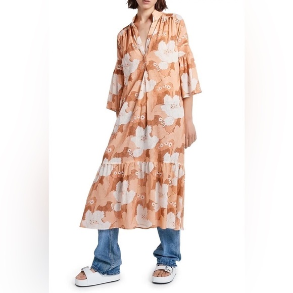 Smythe Dresses & Skirts - Smythe Floral Trumpet Sleeve Cotton Midi Dress Terracotta